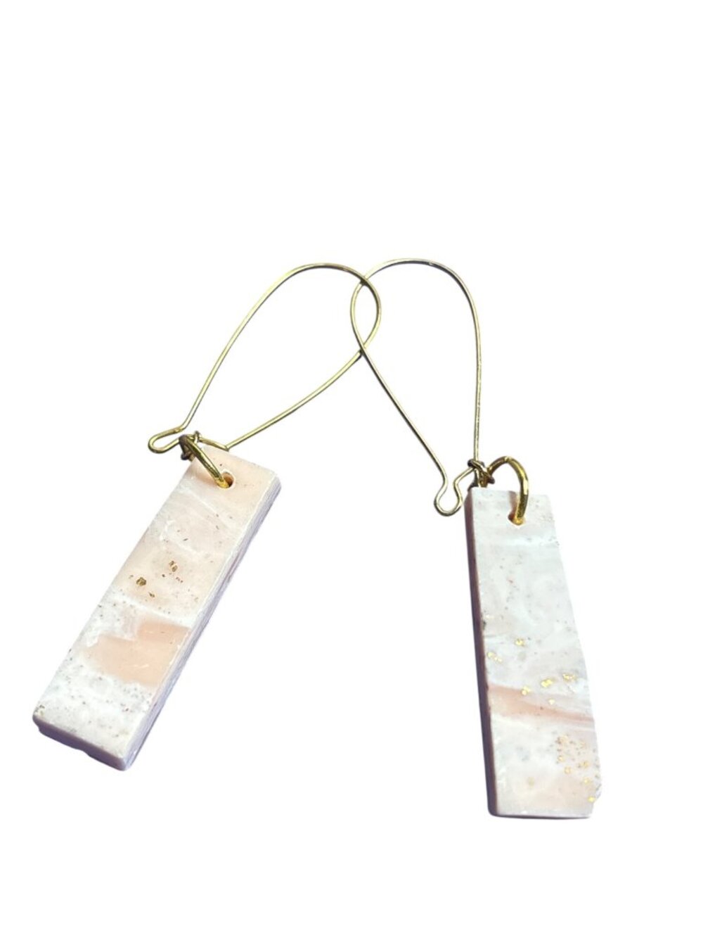 Clay Rectangle Dangle Earrings Pink White Goldtone Flecks 1.5 inches